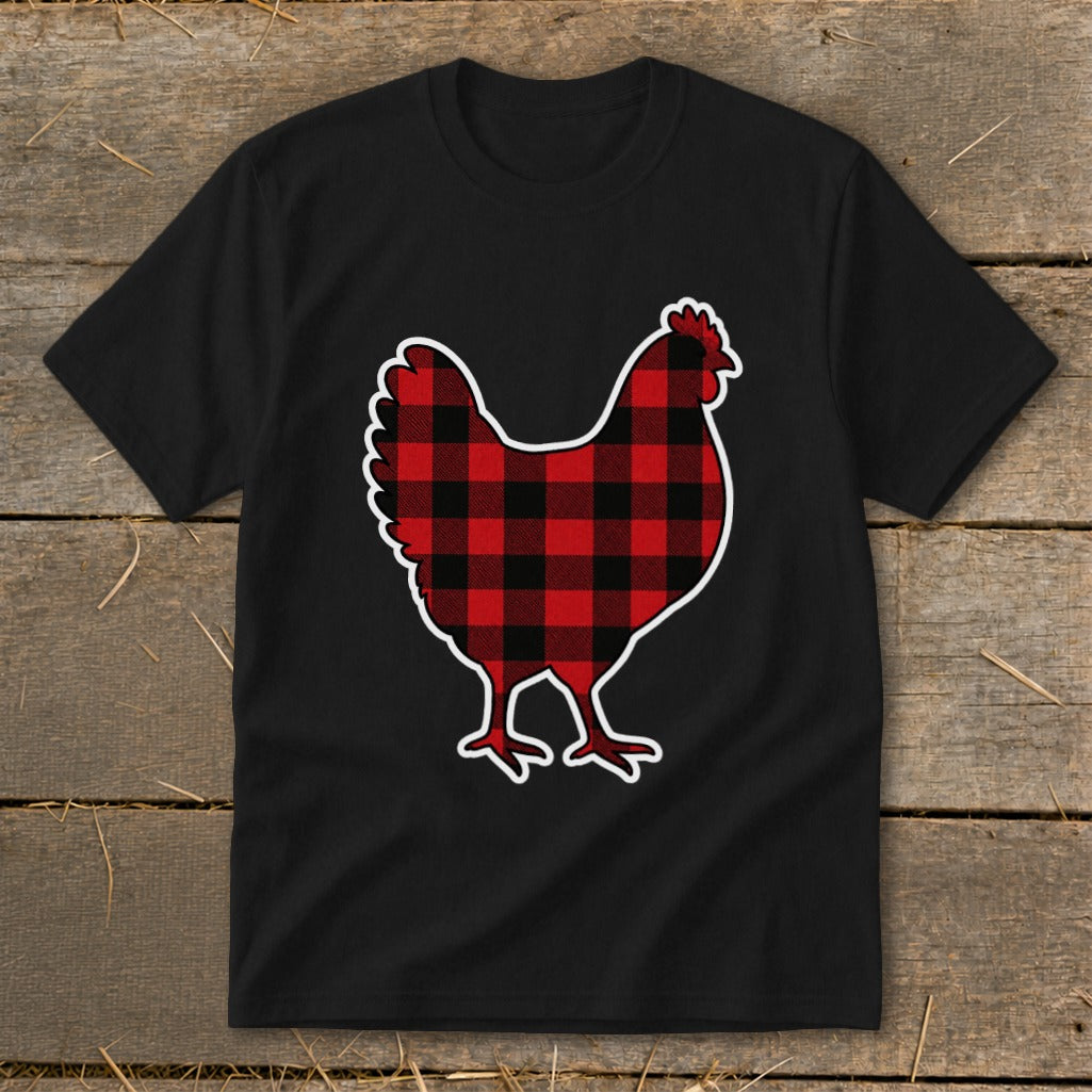 Black t-shirt with a red and black buffalo plaid chicken graphic.