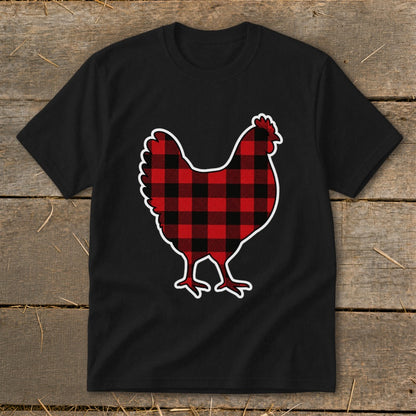 Black t-shirt with a red and black buffalo plaid chicken graphic.