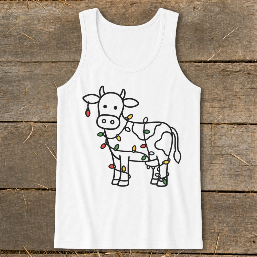 White tank top with a black line drawing of a cow decorated with colorful Christmas lights.
