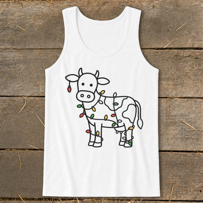 White tank top with a black line drawing of a cow decorated with colorful Christmas lights.
