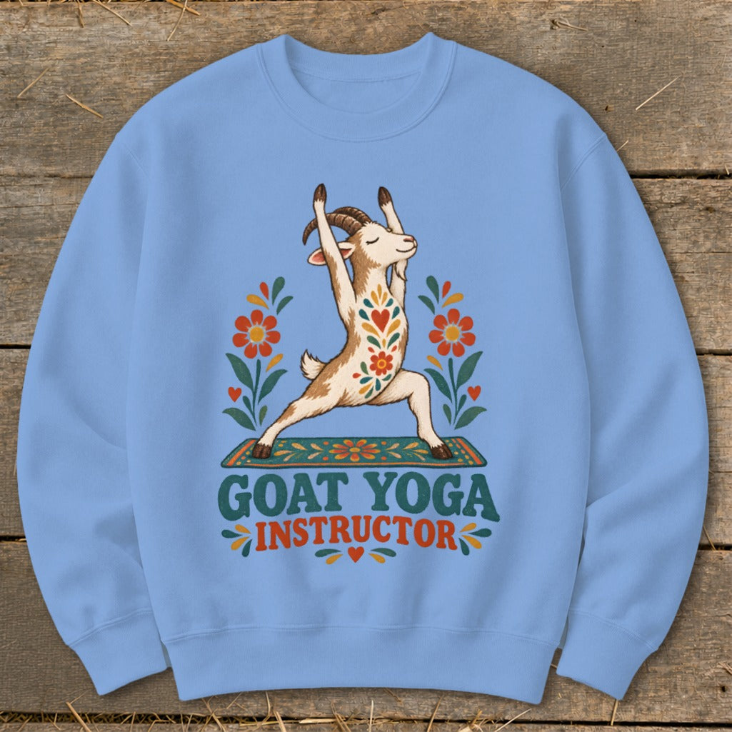 Goat in yoga pose on mat with flowers, text "GOAT YOGA INSTRUCTOR".