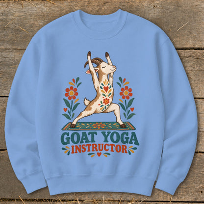 Goat in yoga pose on mat with flowers, text "GOAT YOGA INSTRUCTOR".