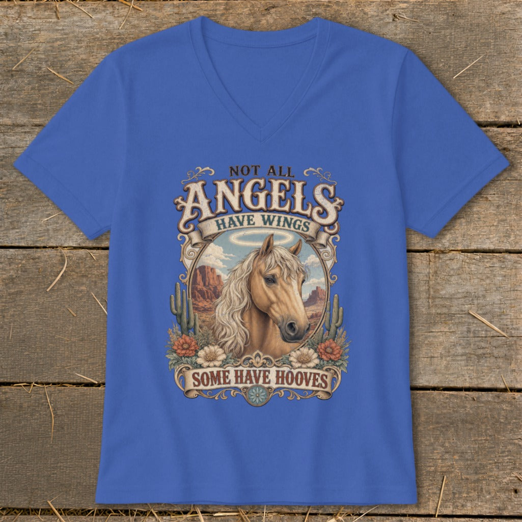 Blue t-shirt with a horse graphic and text "Not All Angels Have Wings Some Have Hooves".