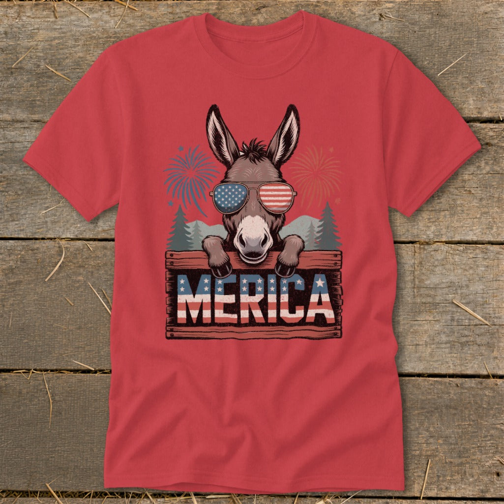 Donkey wearing American flag sunglasses behind "MERICA" sign with fireworks.