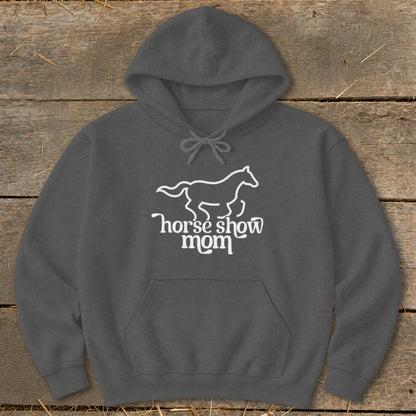 Dark gray hoodie with white horse silhouette and "horse show mom" text.