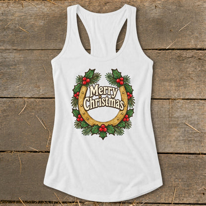 White tank top with a horseshoe, holly, and "Merry Christmas" text design.