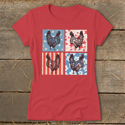 Red t-shirt with four squares featuring patriotic-themed roosters.