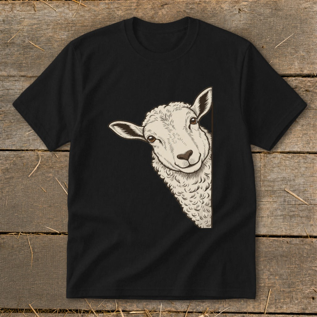 Black t-shirt with a drawing of a sheep peeking from the side.