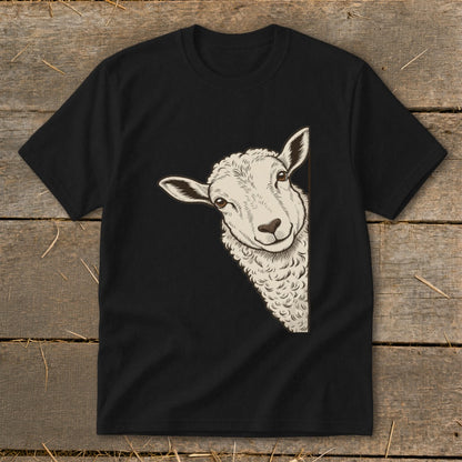 Black t-shirt with a drawing of a sheep peeking from the side.