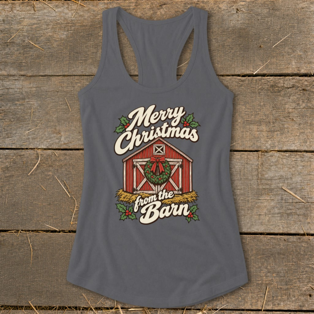 Grey tank top with "Merry Christmas from the Barn" text and barn graphic.