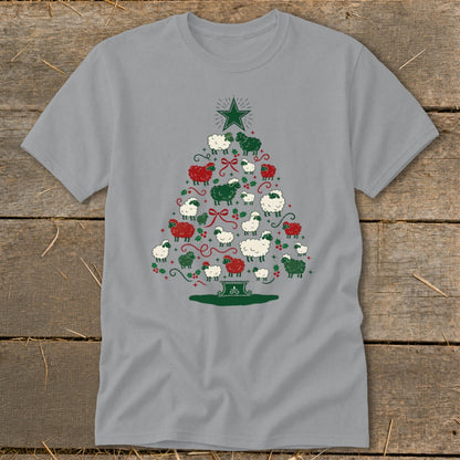 Grey t-shirt with a Christmas tree made of white, green, and red sheep.