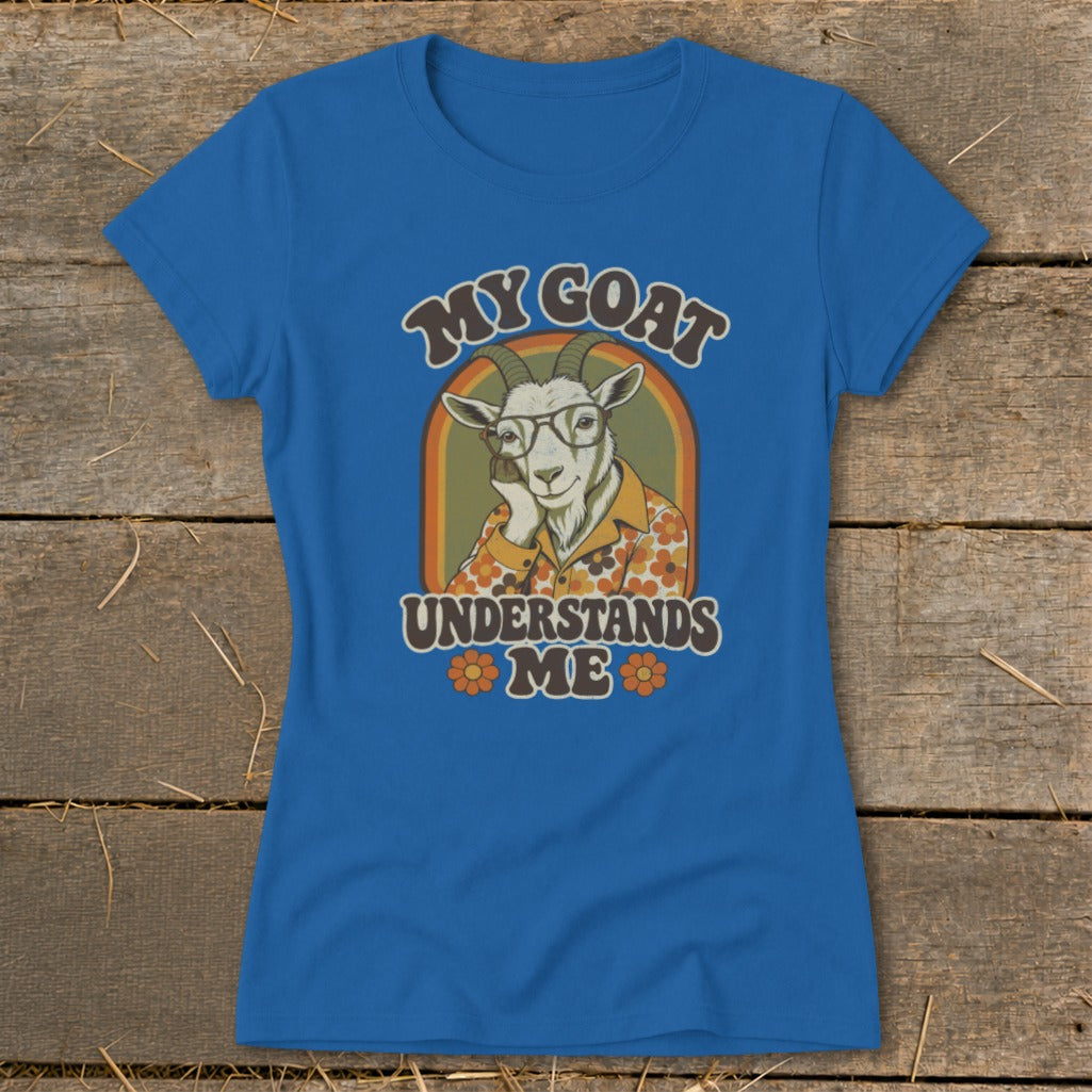 Blue t-shirt with graphic "My Goat Understands Me" featuring a goat wearing glasses and a floral shirt.