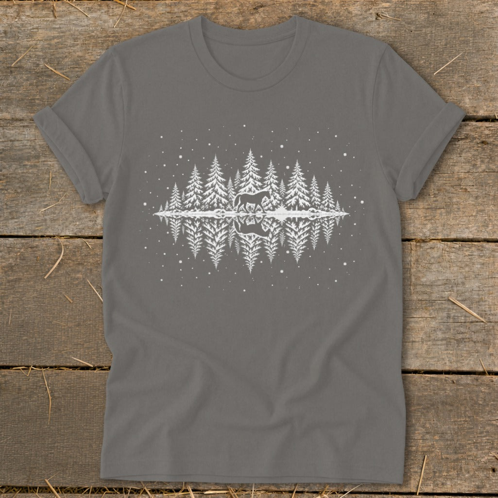 Grey t-shirt with white graphic of pine trees, a horse, and reflection.