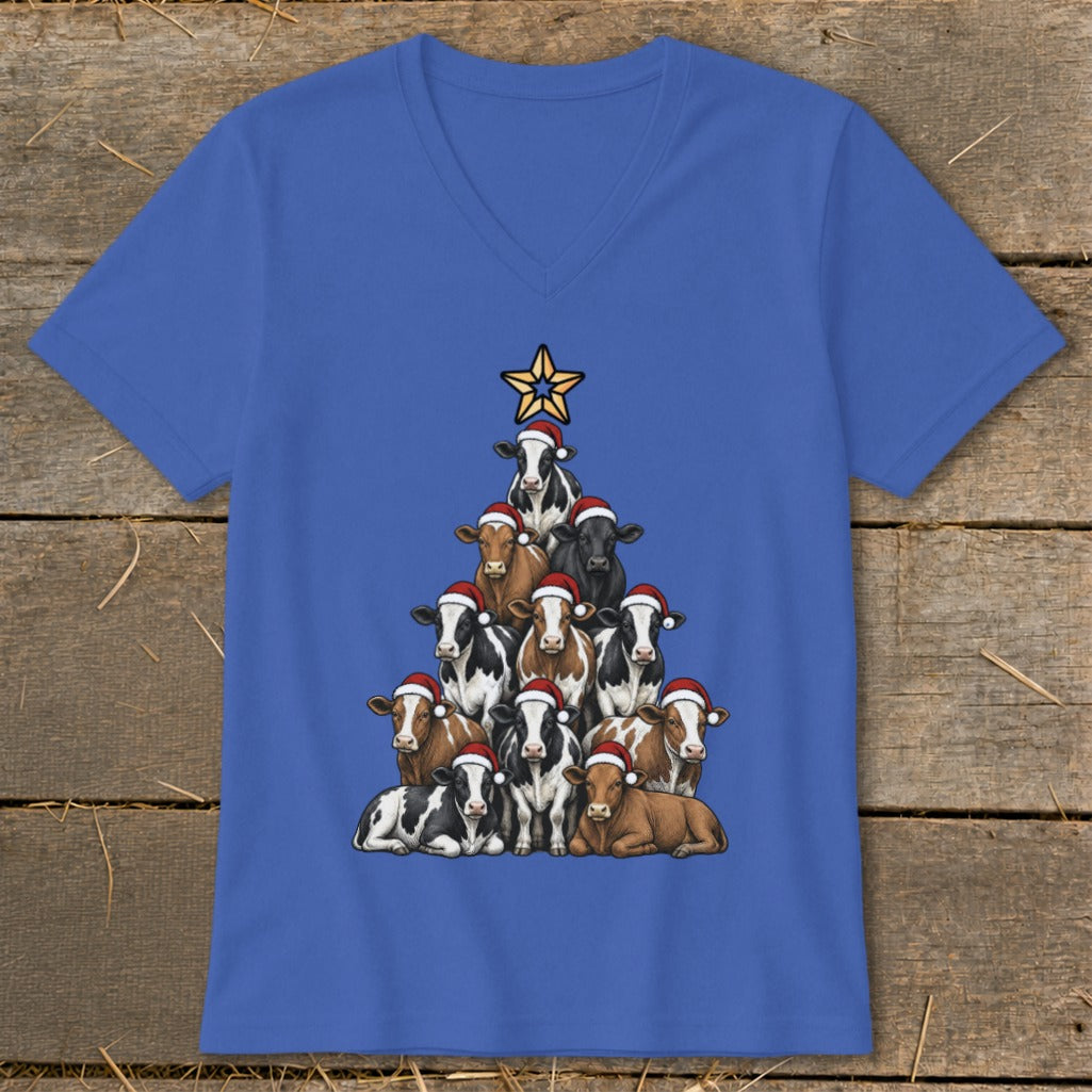 Blue v-neck shirt with cows in Santa hats forming a Christmas tree.