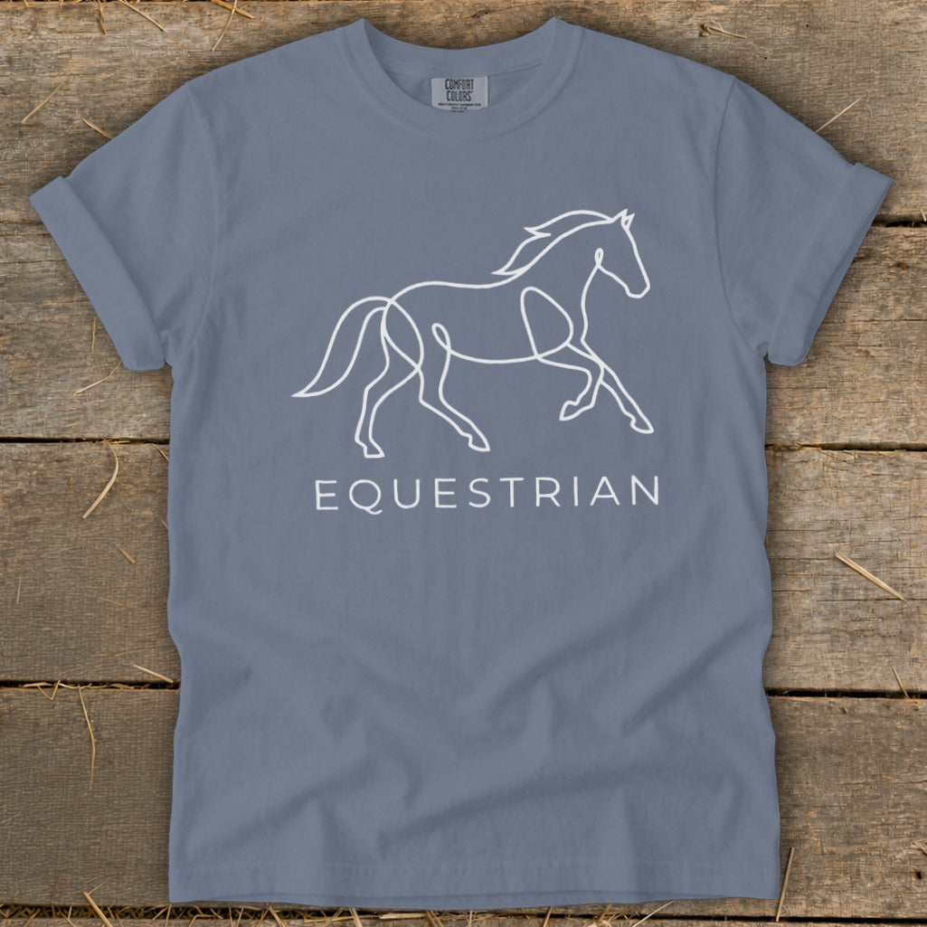 Grey t-shirt with a white line drawing of a running horse and "EQUESTRIAN" text.
