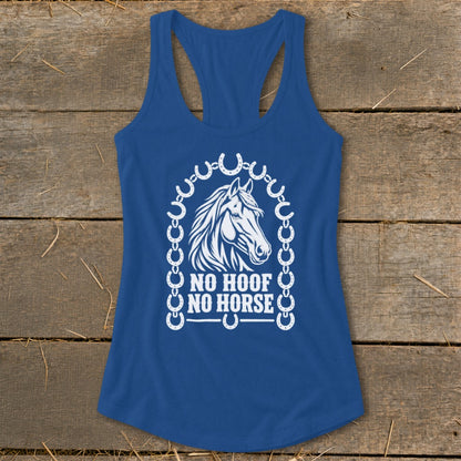 Blue tank top with a white horse head and horseshoe graphic.