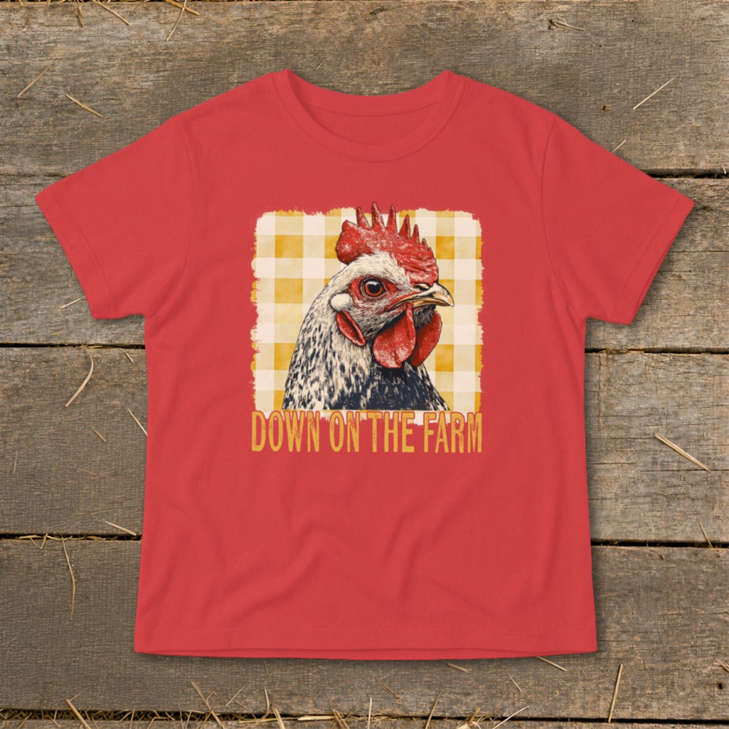 Red t-shirt with chicken graphic and text "DOWN ON THE FARM".