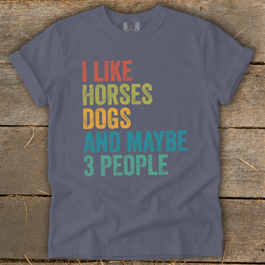 T-shirt with text "I LIKE HORSES DOGS AND MAYBE 3 PEOPLE"