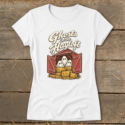 White t-shirt with "Ghosts in the Hayloft" text and three ghosts in a barn.