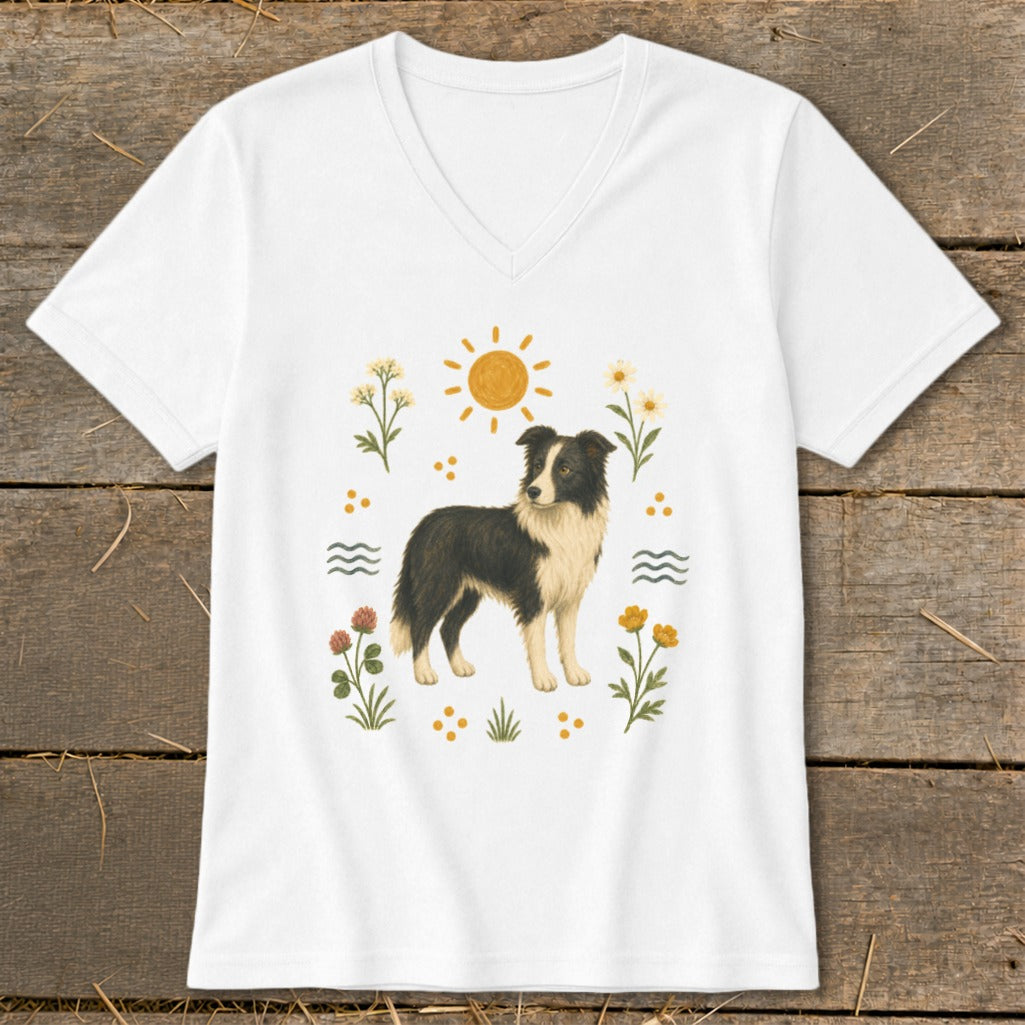White t-shirt with a Border Collie surrounded by flowers, sun, and waves design.
