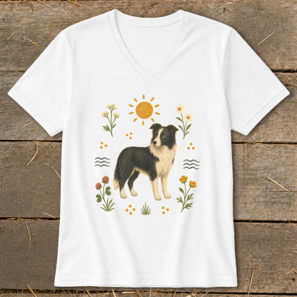White t-shirt with a Border Collie surrounded by flowers, sun, and waves design.