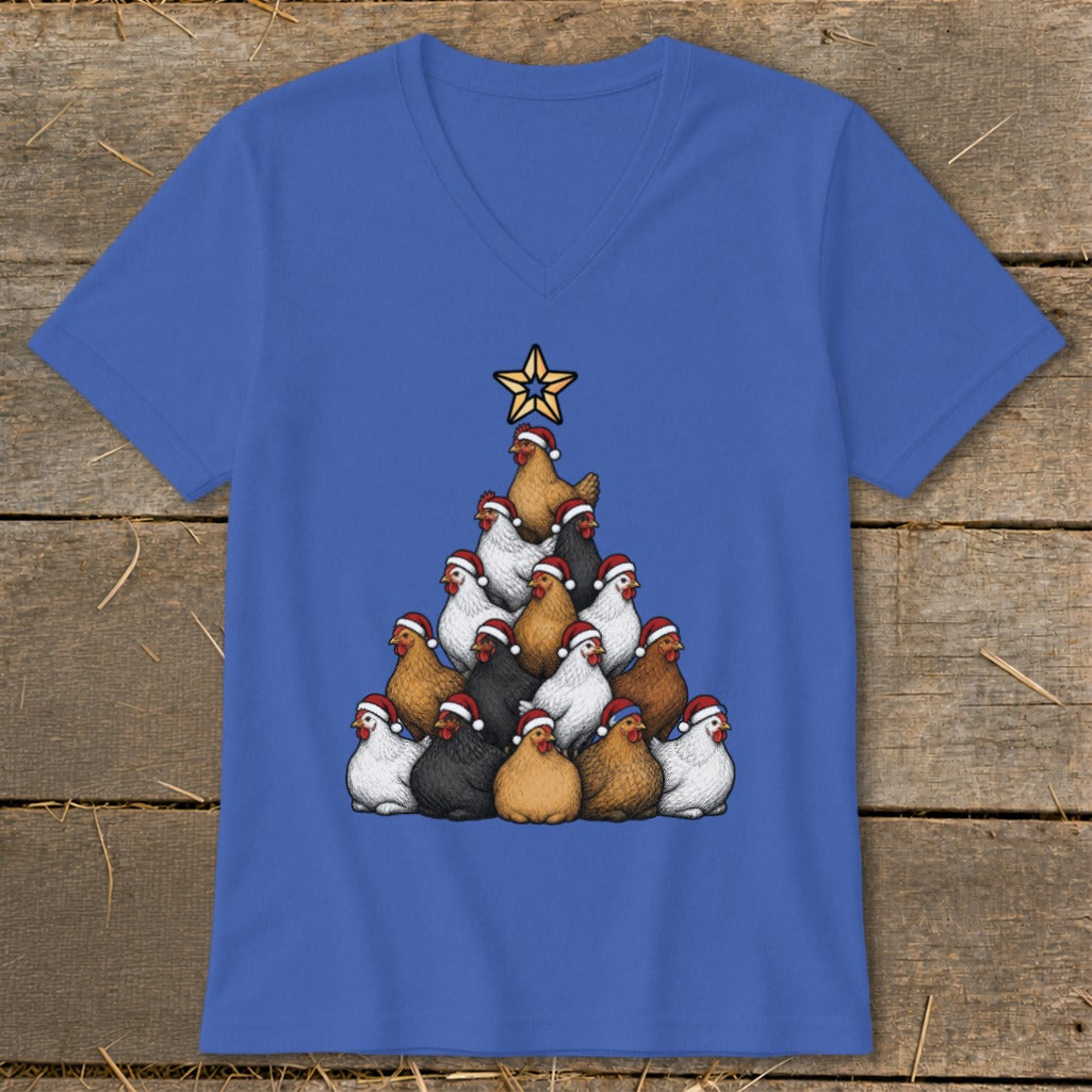 T-shirt with a Christmas tree made of chickens wearing Santa hats.