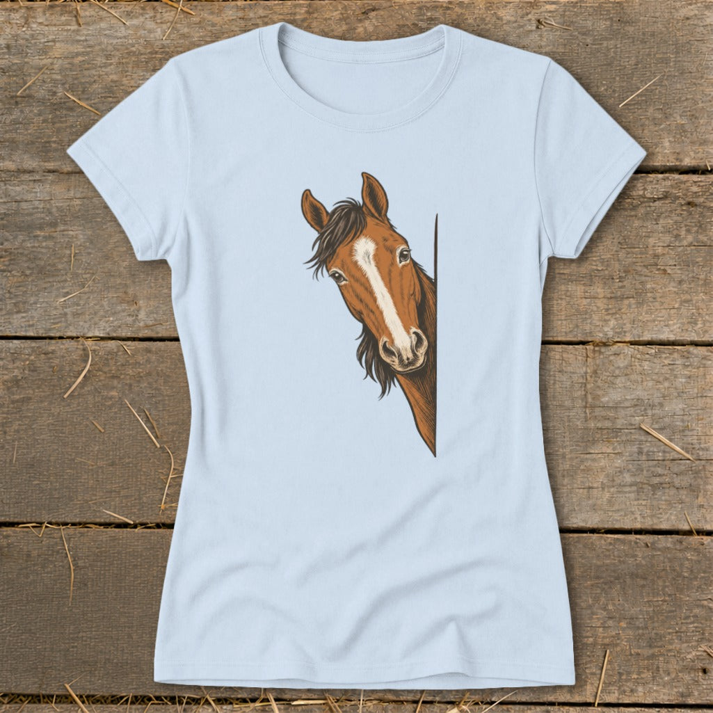 Light blue t-shirt with illustration of a horse's head peeking around a corner.