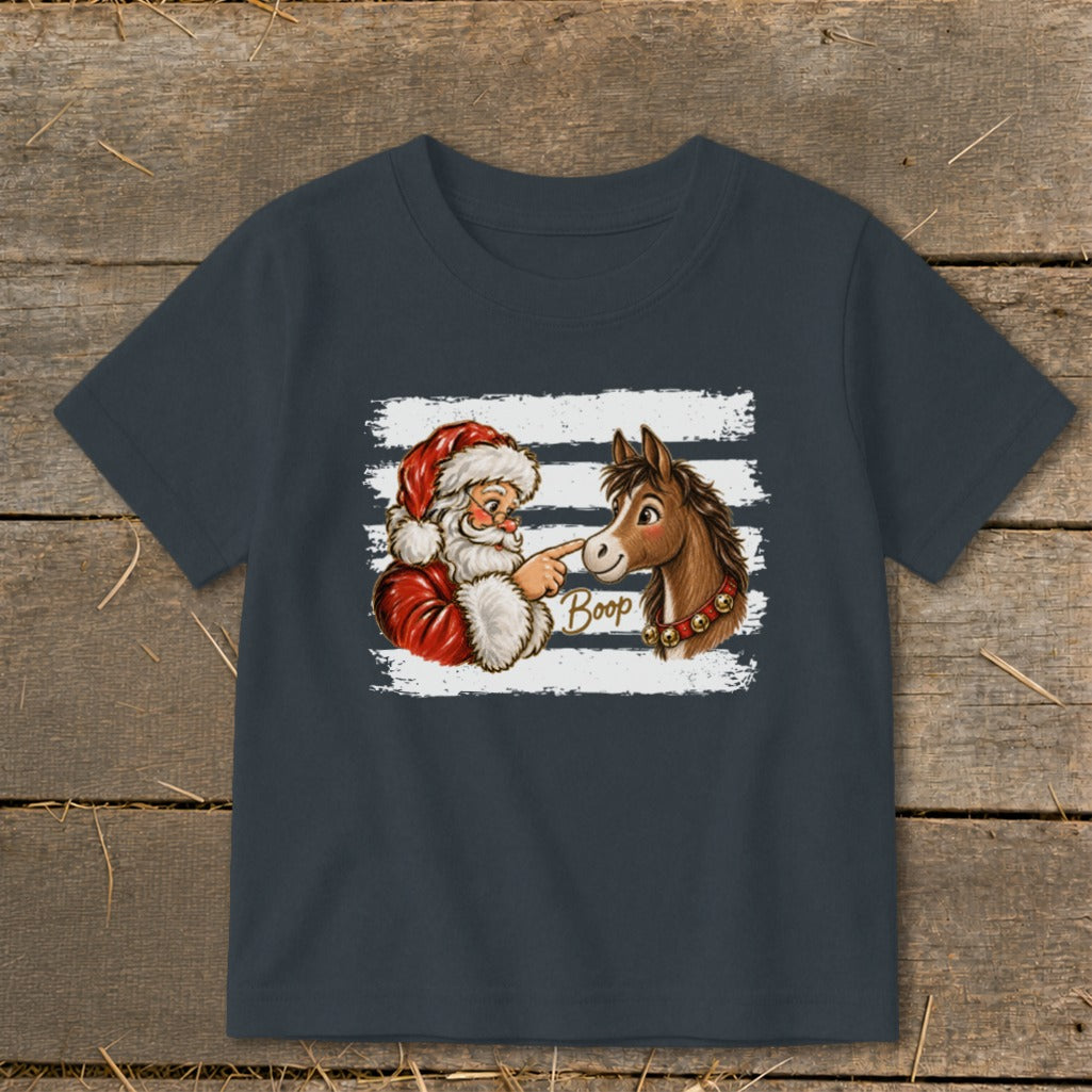 Santa booping a horse's nose with "Boop" text on dark grey t-shirt.