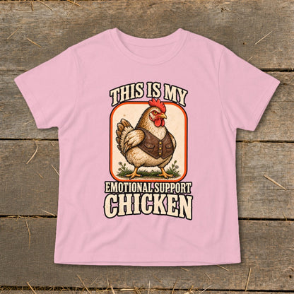 Pink t-shirt with chicken graphic and text "This Is My Emotional Support Chicken".