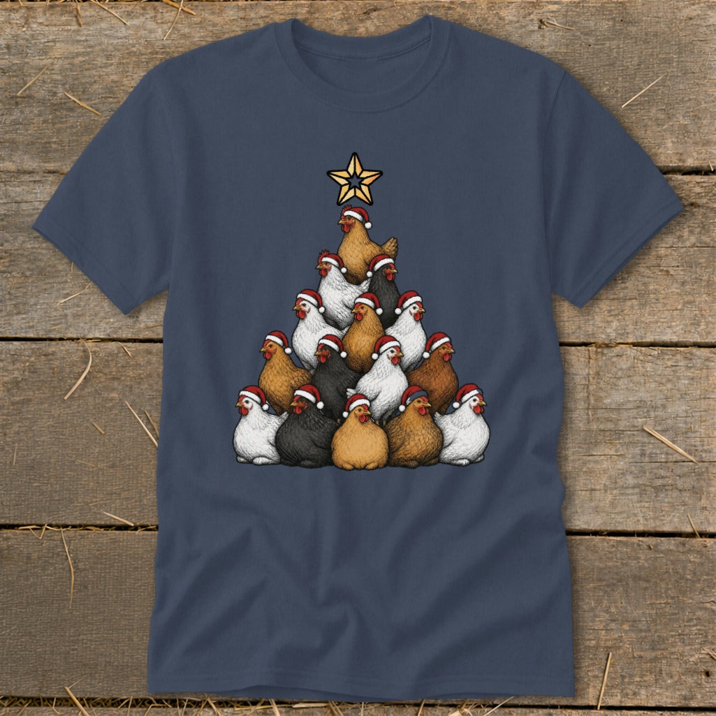 Chicken Christmas tree with santa hats and a star on a navy t-shirt.