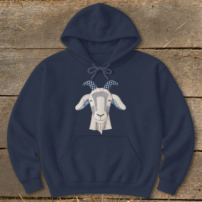 Navy hoodie with a graphic of a smiling goat's head with checkered horns.