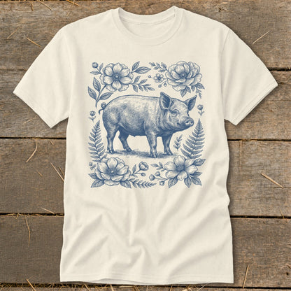 T-shirt with vintage blue floral illustration of a pig.