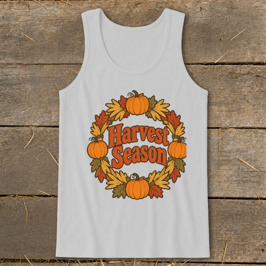 White tank top with pumpkins, leaves, and "Harvest Season" text in a circle.