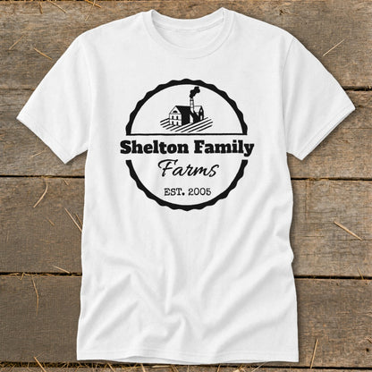 White t-shirt with black Shelton Family Farms logo and "EST. 2005" text.