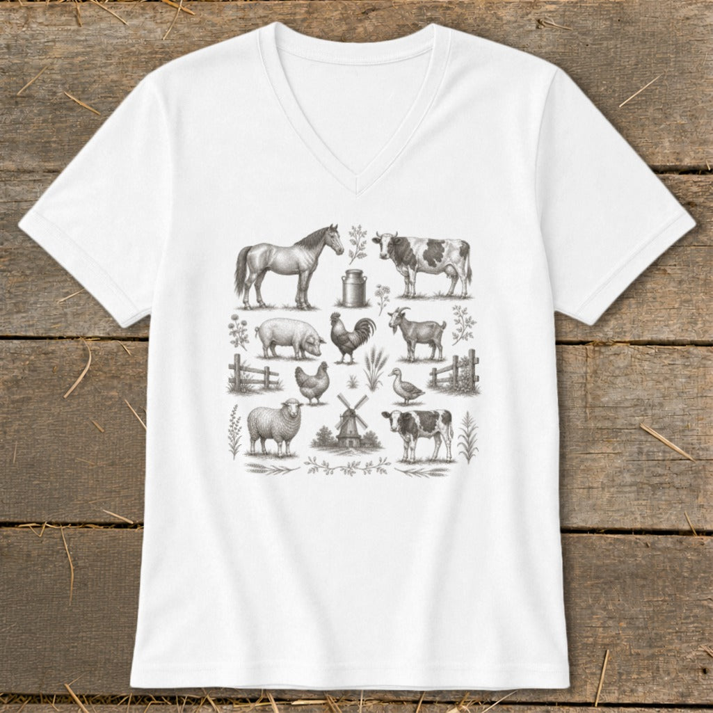 White t-shirt with a black and white sketch of farm animals and a windmill.