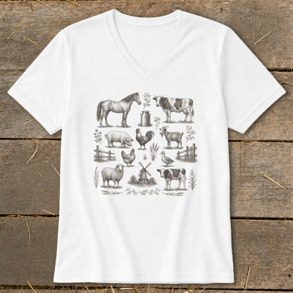 White t-shirt with a black and white sketch of farm animals and a windmill.