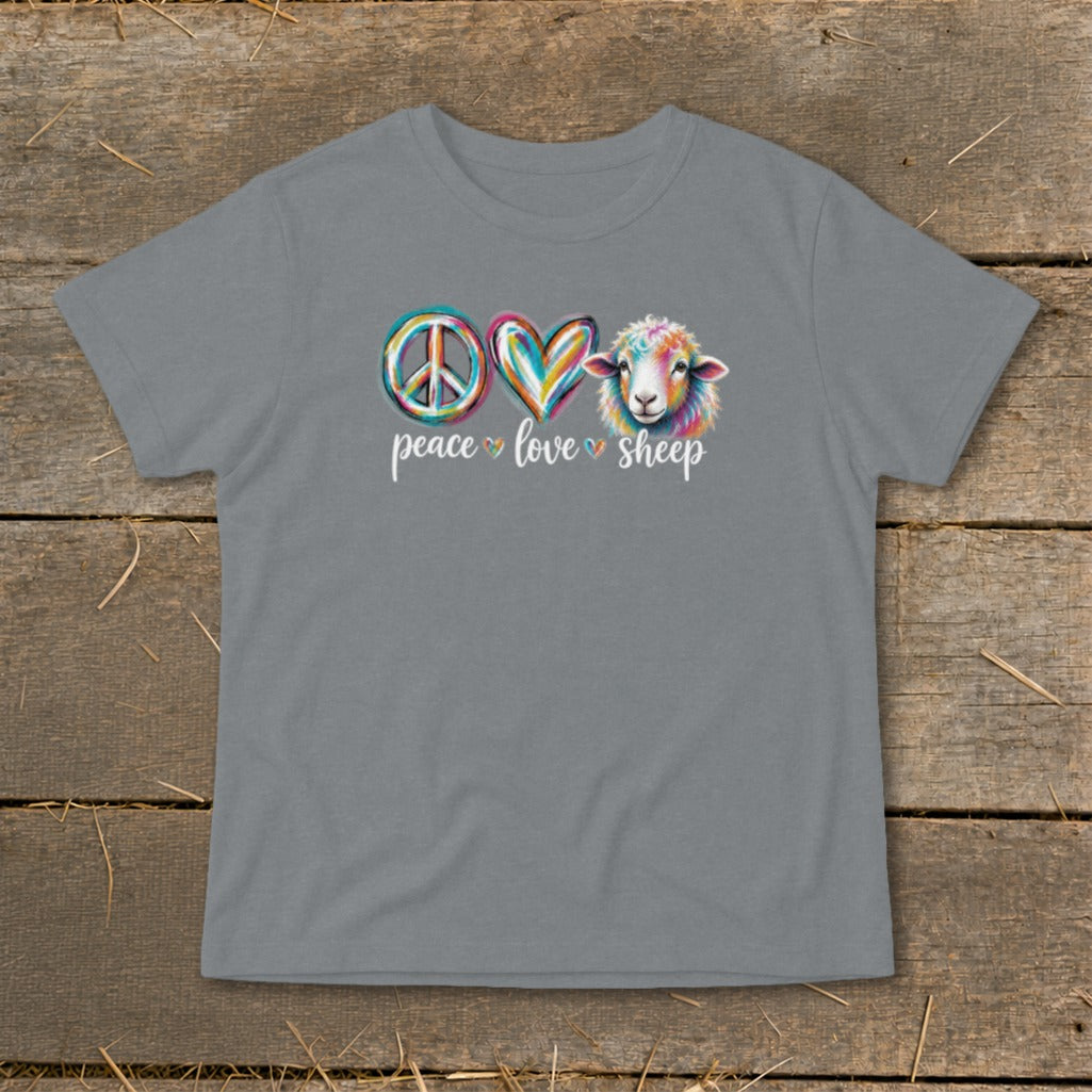 Grey t-shirt with peace, love, sheep graphic and a colorful sheep illustration.