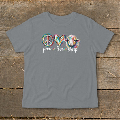 Grey t-shirt with peace, love, sheep graphic and a colorful sheep illustration.