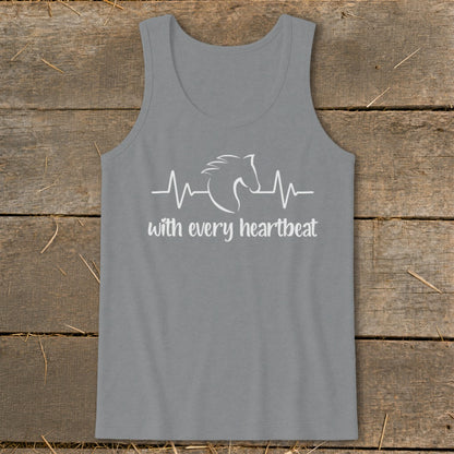 Grey tank top with white horse head and heartbeat graphic and text "with every heartbeat".