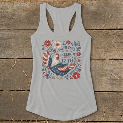 Tank top with patriotic chicken graphic, "Fresh Eggs & Freedom Since 1776".