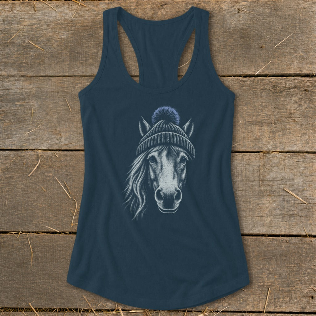 Navy tank top featuring a sketch of a horse wearing a beanie.