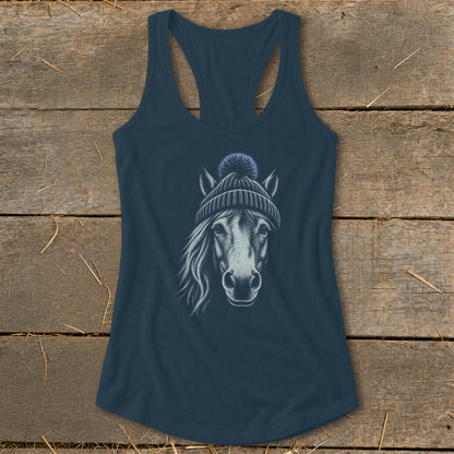 Navy tank top featuring a sketch of a horse wearing a beanie.