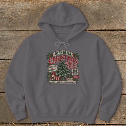 Gray hoodie with Old Mill Christmas Tree Farm graphic.
