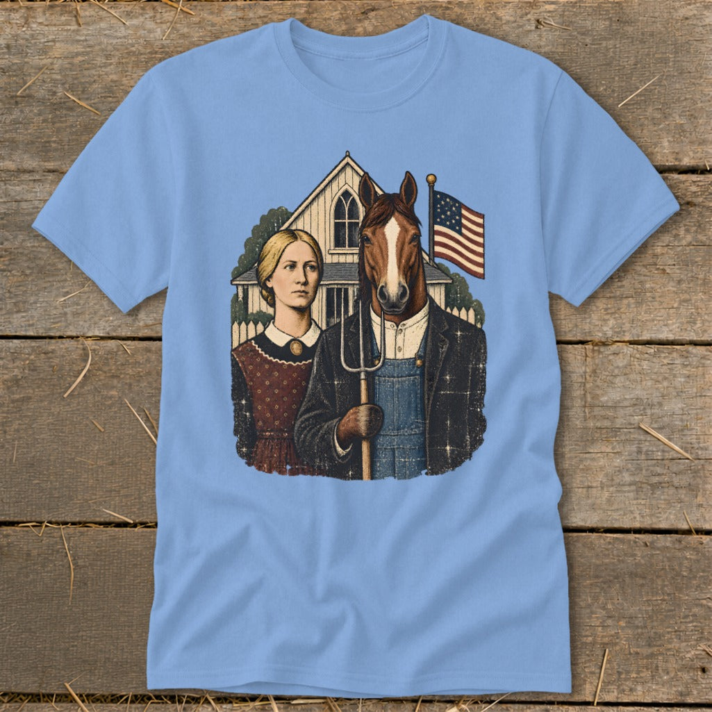 Light blue crewneck t-shirt featuring a parody graphic of American Gothic with a horse holding a pitchfork.