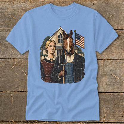 Light blue crewneck t-shirt featuring a parody graphic of American Gothic with a horse holding a pitchfork.