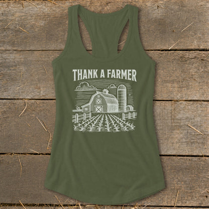 Olive green tank top with "Thank A Farmer" text and farm graphic.