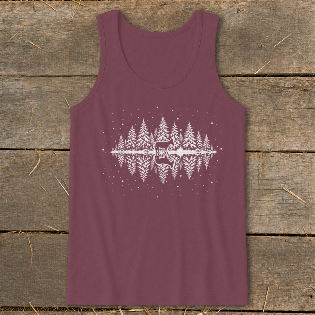 Burgundy tank top with white mirrored forest and mountain graphic.