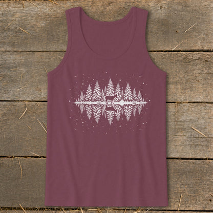 Burgundy tank top with white mirrored forest and mountain graphic.