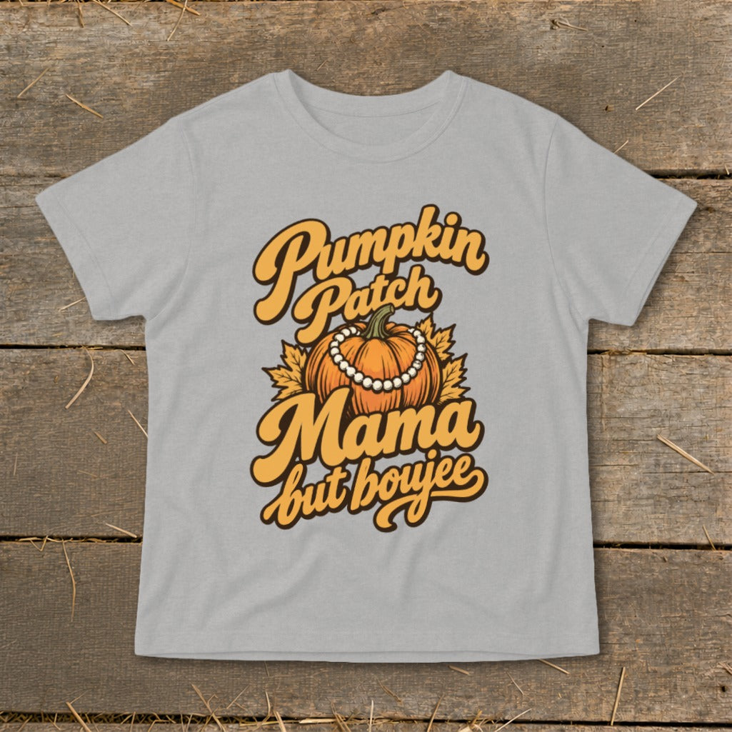 Gray t-shirt with "Pumpkin Patch Mama but boujee" text and pumpkin graphic.
