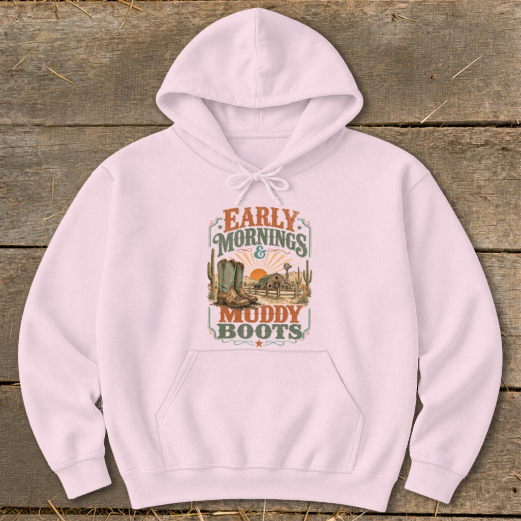 Pink hoodie with "Early Mornings & Muddy Boots" graphic and Western scene.
